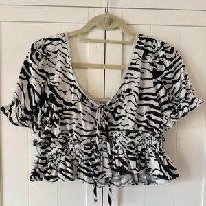 LIONESS Zebra Print Peplum Crop Top Tie Front